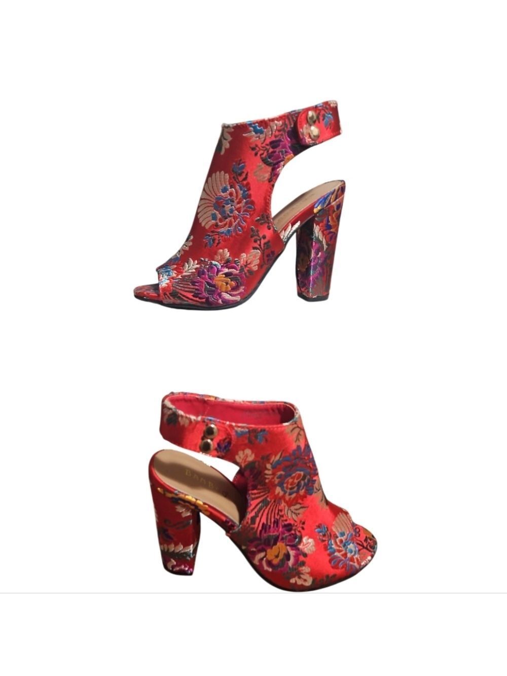 Bamboo Red Floral High Heels with Ankle Strap 5.5 Embroidered Colorful Handmade